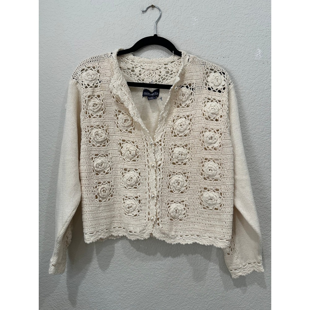 Hunters Run Cream Floral Crochet Cardigan Pearl Button Ramie Cotton Vintage Med